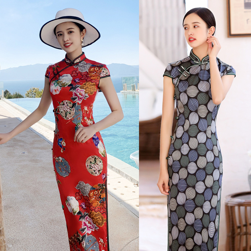 Ai Q 'q embroidered mulberry silk long qipao 202 Spring and summer new girls performance banquet traditional silk Qipao dress women