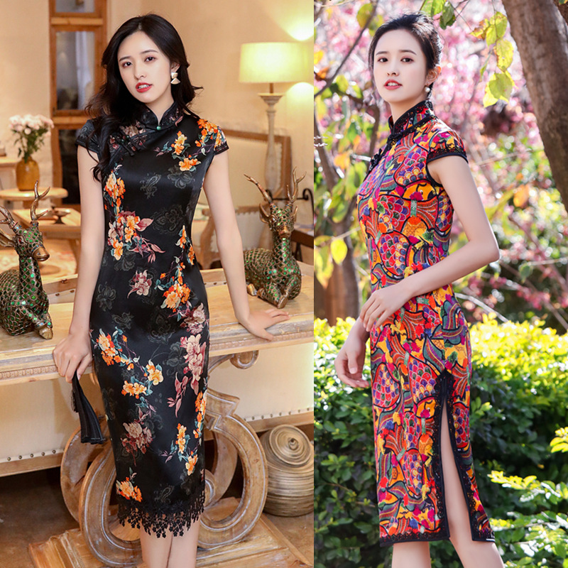 Spring and summer new fashion improved traditional mulberry silk medium length Cheongsam Lady daily silk Cheongsam dress woman