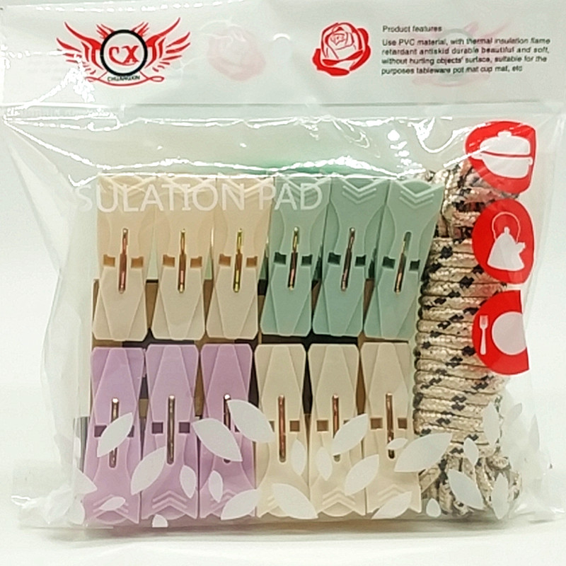 Sunshine Department Store bagged 5-meter rope 12pc colored clothes drying clip, anti-slip clothes drying rope plastic clip details Picture