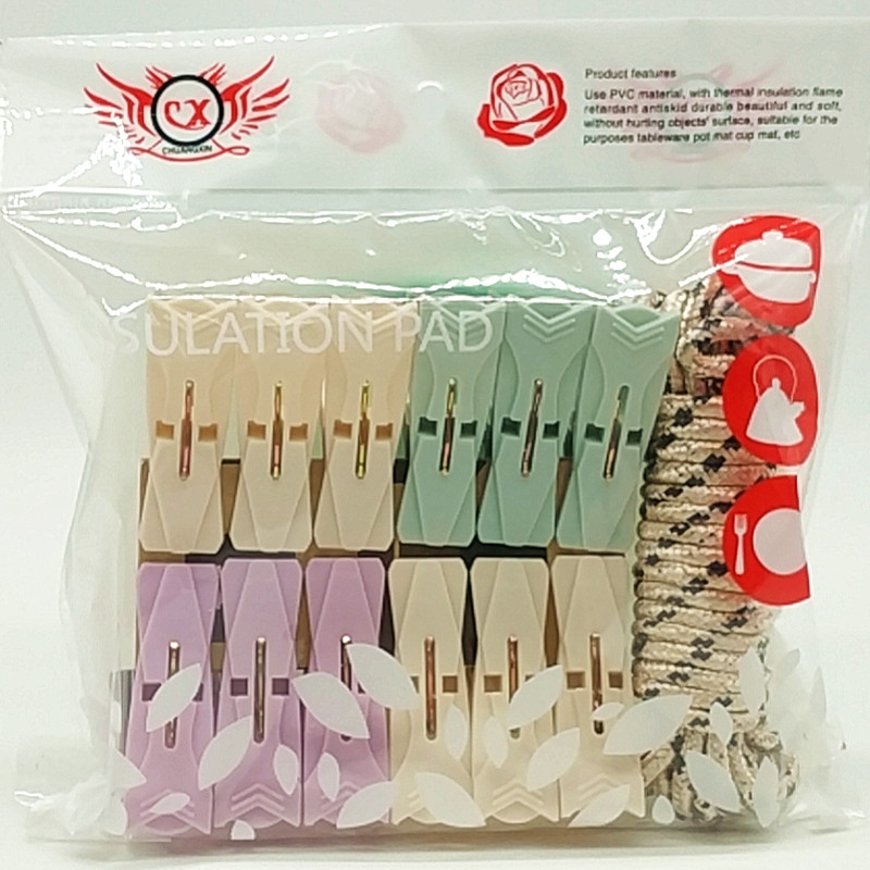 Sunshine Department Store bag 5-meter rope +12PC plastic clips clothes drying rope clips set plastic clothes clips details Picture