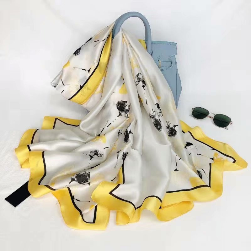 Korean satin 90*180 silk-like long scarf, scarf, beach scarf, shawl, hair service, ginkgo leaf