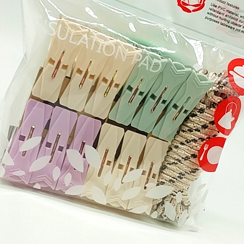 Sunshine Department Store bagged 5-meter rope 12pc colored clothes drying clip, anti-slip clothes drying rope plastic clip Specification image