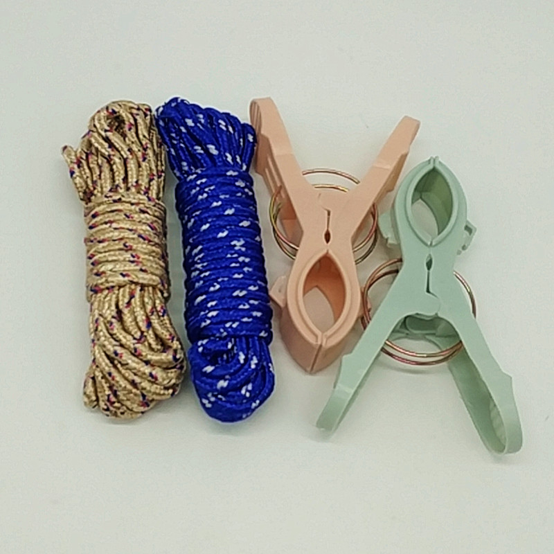 Sunshine Department Store bagged 5-meter rope 2pc large clothes drying clip, three-color woven rope, clothes drying rope plastic clip Item Picture