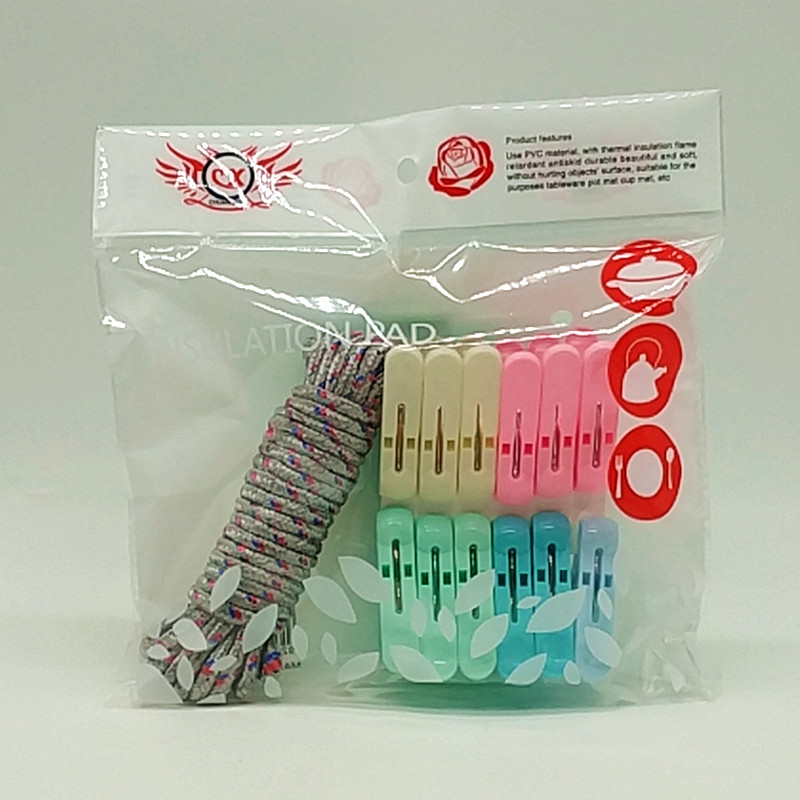 Sunshine Department store bag 5 meters rope 12pc color clothespin plastic clip three color woven non-slip clothline