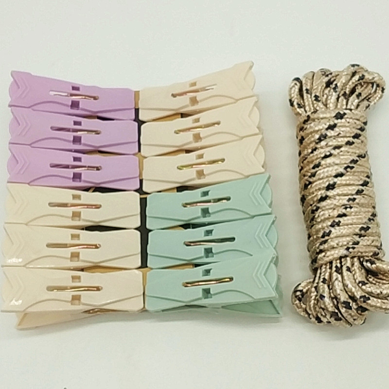 Sunshine Department Store bagged 5-meter rope 12pc colored clothes drying clip, anti-slip clothes drying rope plastic clip Application Scenario