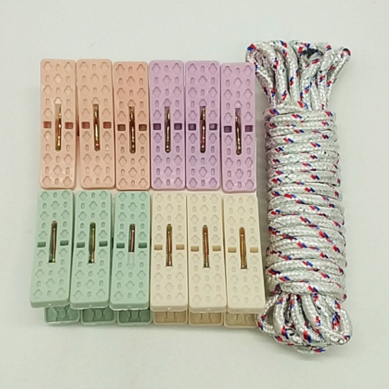 Sunshine Department Store bagged 5-meter clothes and quilt drying rope 12pc colorful powerful multi-functional household clothes drying clip Item Picture