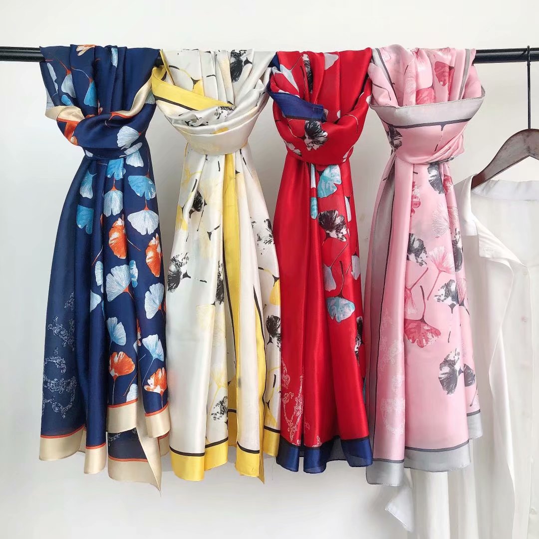 Korean satin 90*180 silk-like long scarf, scarf, beach scarf, shawl, hair service, ginkgo leaf details Picture
