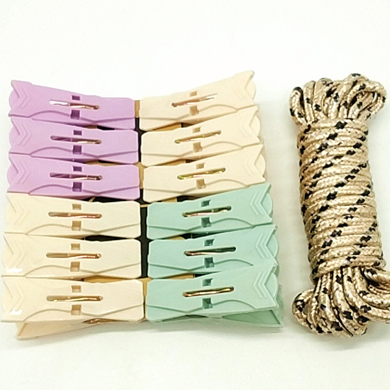 Sunshine Department Store bag 5-meter rope +12PC plastic clips clothes drying rope clips set plastic clothes clips Item Picture