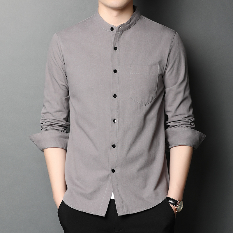 Middle-aged men's shirt with standing collar casual pure color cotton long-sleeve shirt men's real pocket spring and autumn new men's clothing