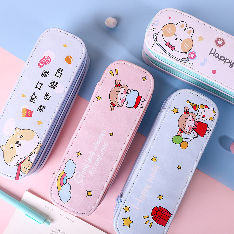 Luhao Creative Korean-style pen case, simple ins double-layer large-capacity canvas pen case, male and female student stationery box details Picture