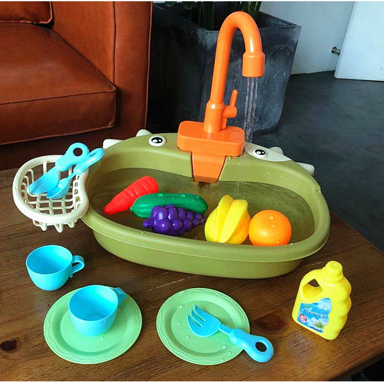 Cross-border children's house play, calf dishwashing basin, electric recyclable water outlet, kitchen simulation dishwasher, fruit set full figure