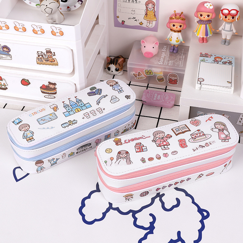 Luhao Creative Korean-style pen case, simple ins double-layer large-capacity canvas pen case, male and female student stationery box full figure