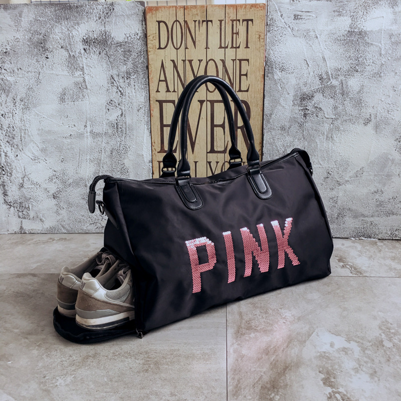 Short-distance PINK sequin letter Travel Bag Men's and women's portable travel large capacity fitness bag Waterproof duffle bag