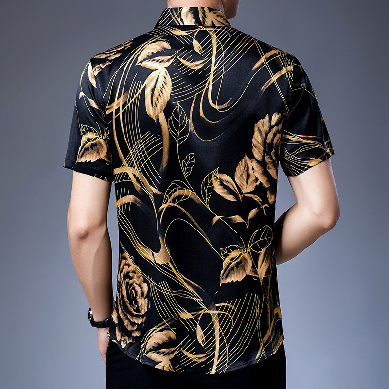 202 Middle-aged men short sleeve shirt mulberry silk summer half sleeve inch shirt loose dad dress satin flower shirt tide