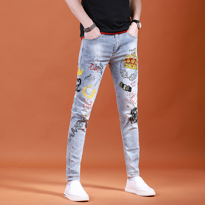 2021 winter men's printed jeans, men's trendy brand slim-fitting skinny pants, Crown trendy casual men's pants Specification image
