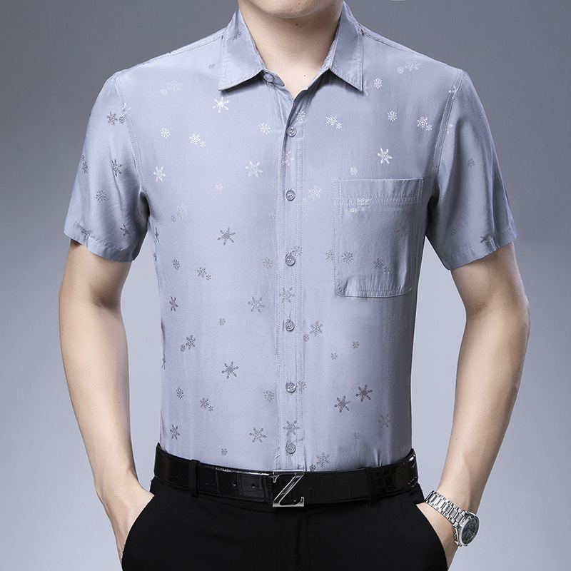 Middle-aged and elderly silk shirt Men's short sleeve mulberry silk loose pocket Father silk half sleeve flower shirt