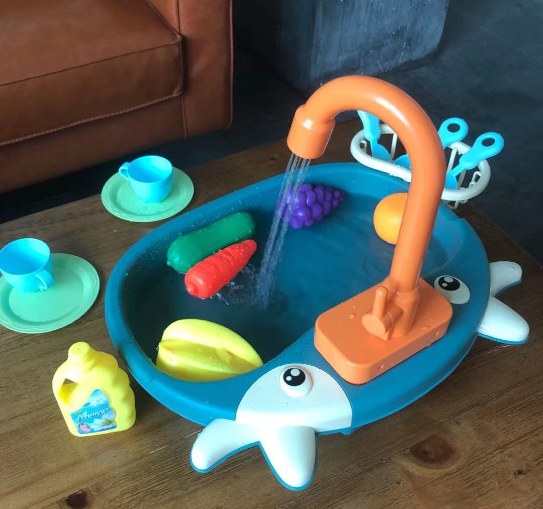 Cross-border children's house play, calf dishwashing basin, electric recyclable water outlet, kitchen simulation dishwasher, fruit set details Picture