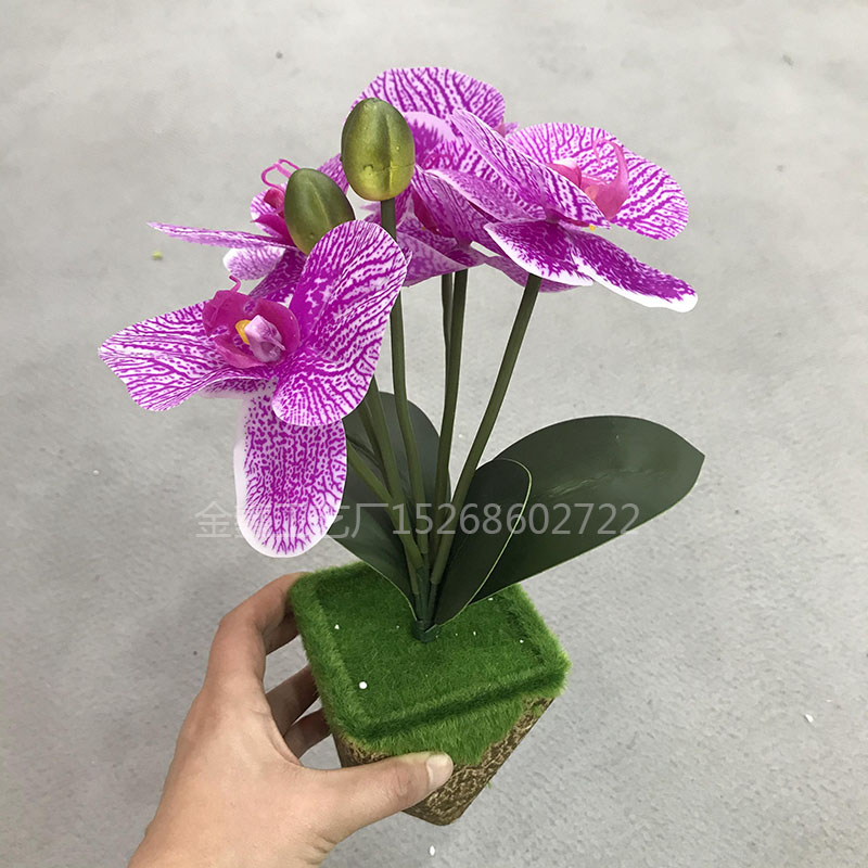PU手感过胶4头蝴蝶兰软装花卉仿真盆栽桌面摆件婚庆花