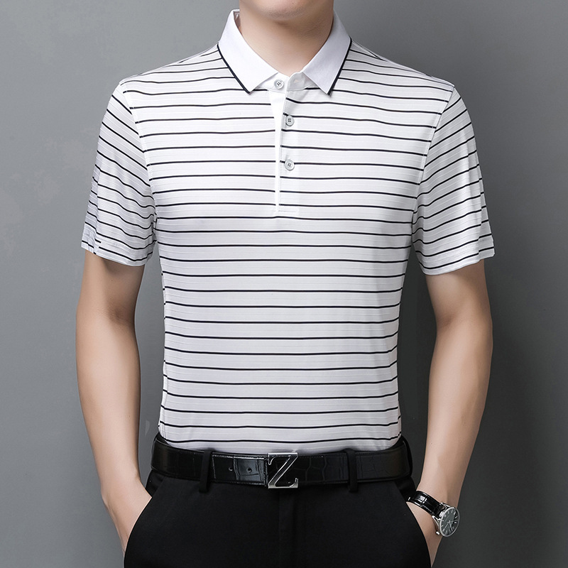 Summer middle-aged men's Mulberry silk short sleeve T-shirt Business casual lapel thin stripe T-shirt