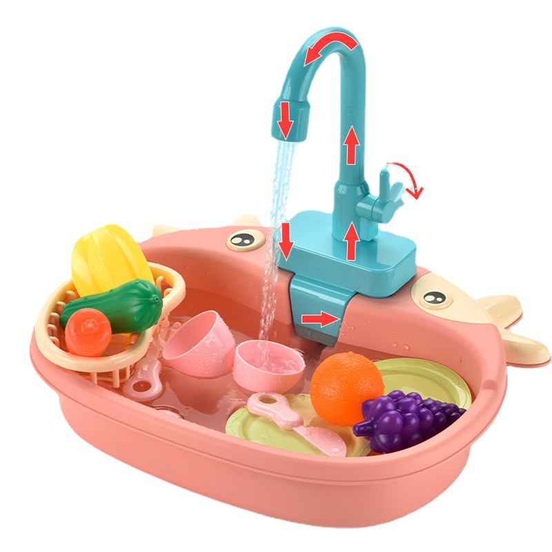 Cross-border children's house play, calf dishwashing basin, electric recyclable water outlet, kitchen simulation dishwasher, fruit set Item Picture