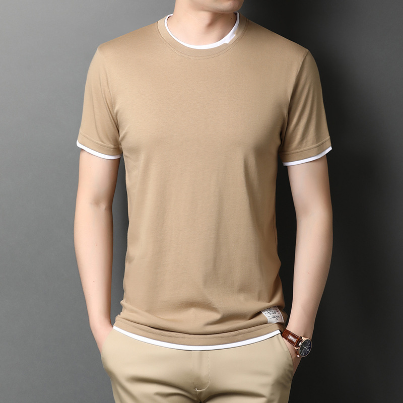 Short-sleeved T shirt men summer loose trend pure color false two t-shirts 202 new summer clothes on the new summer