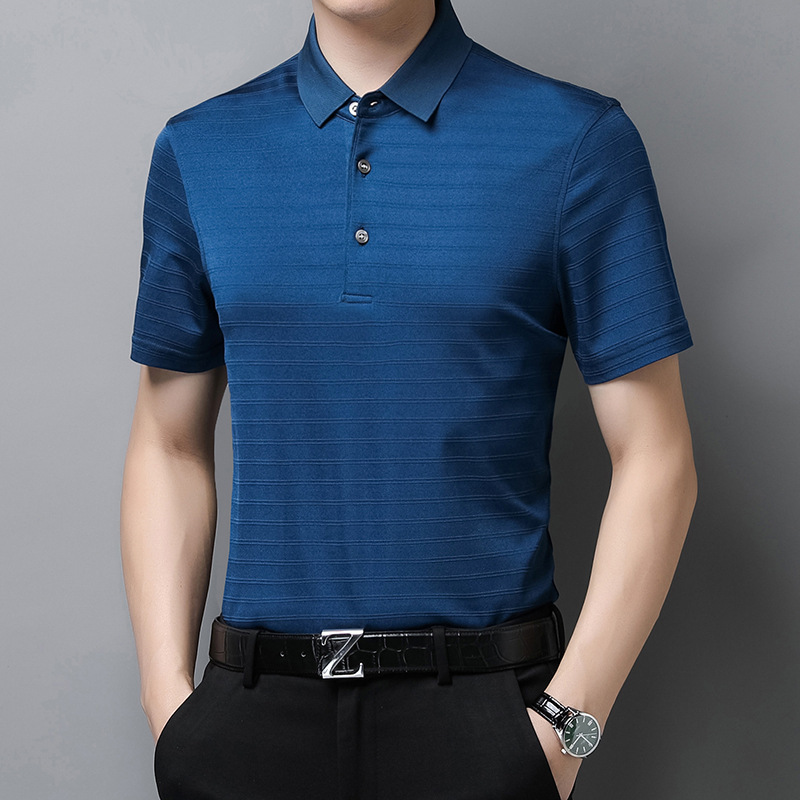 Summer trend of young and middle-aged men's business casual thin silk t-shirts with lapels striped silk tops