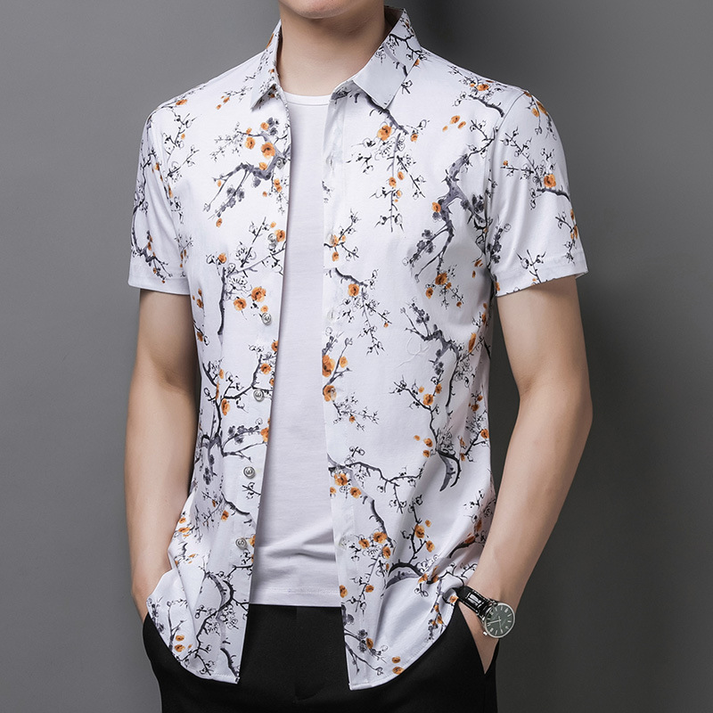 Young and middle-aged men's short sleeve shirt printed thin cotton slim half sleeve casual shirt summer new cardigan
