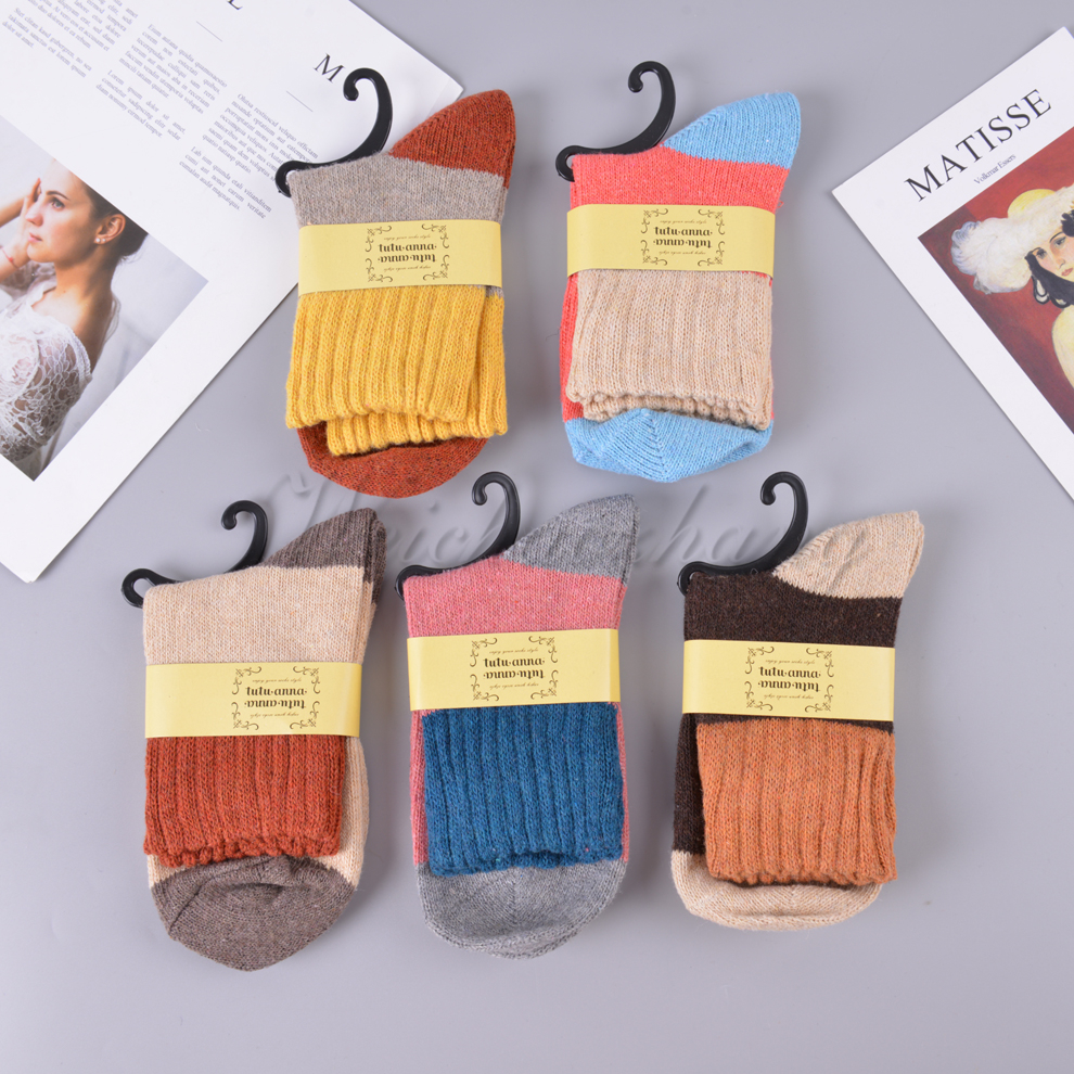 Wide-mouthed mixed-color women's striped rabbit wool mid-calf socks for warmth in cold winter, thickened striped loop warm socks
