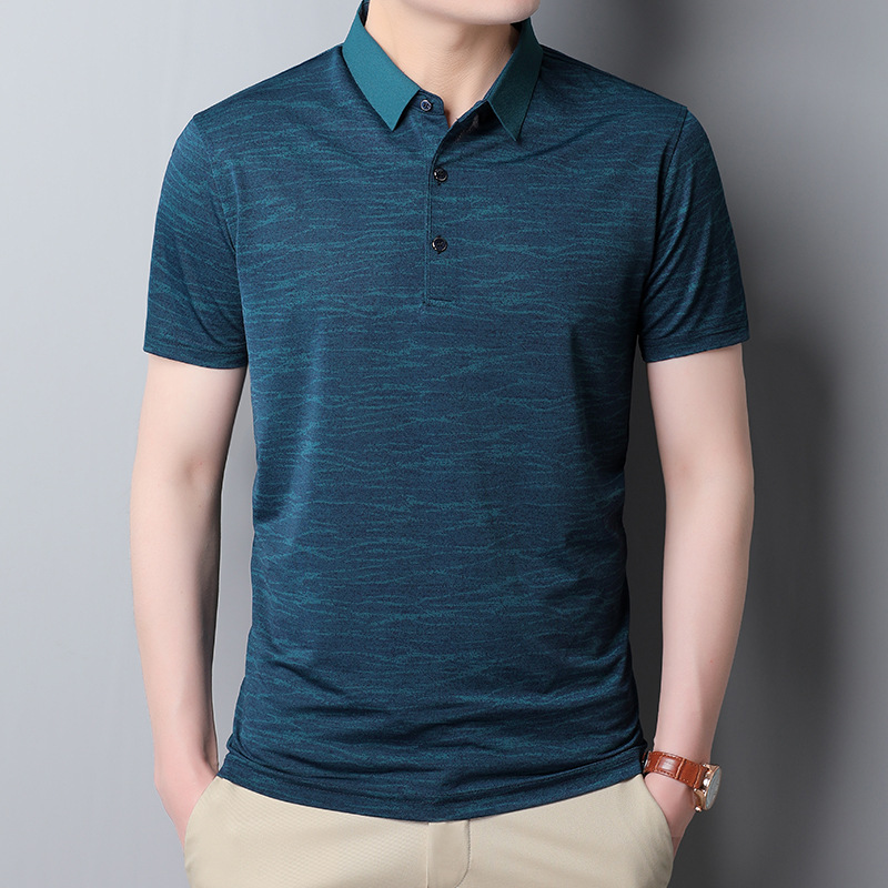 Male middle-aged summer short sleeve T shirt lapel mulberry silk half sleeve ice silk T-shirt middle-aged dad wear striped PLO shirt