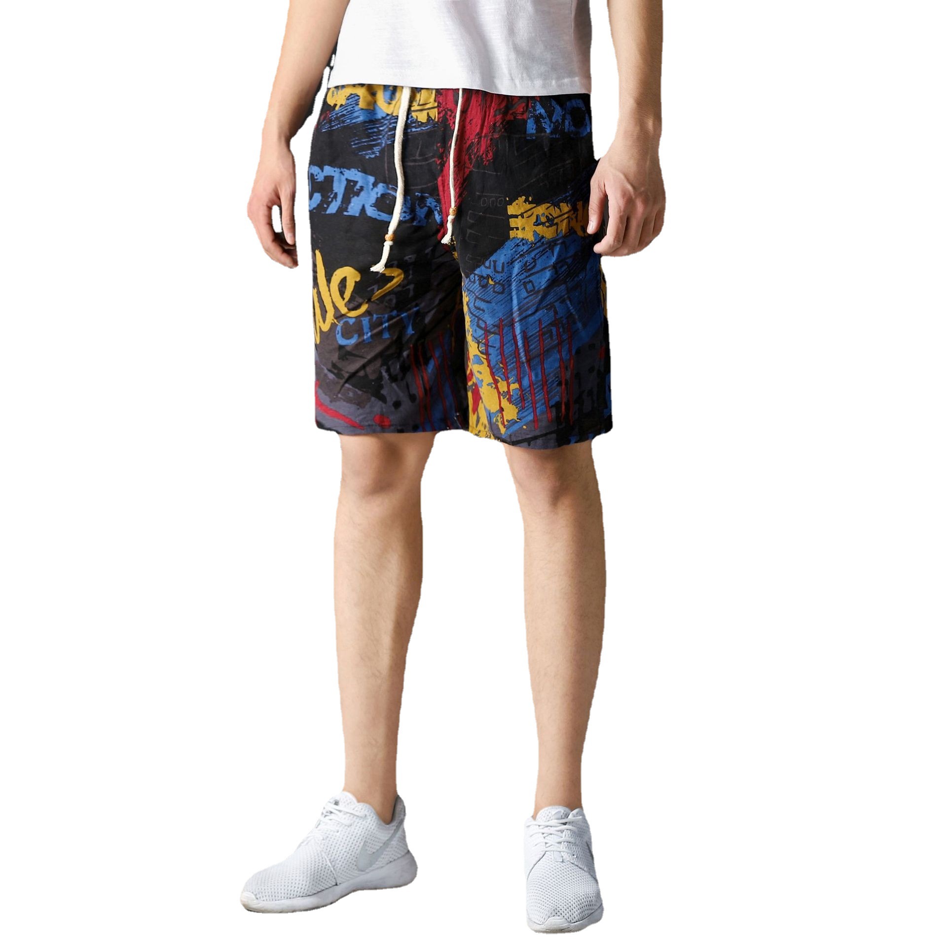 Men's short-sleeved beach pants, summer printed loose underpants, sporty capri pants, cotton and linen fashionable casual shorts Item Picture