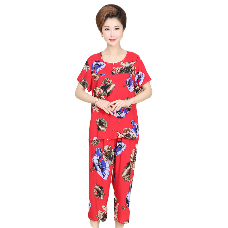 Cotton and silk pajama set for women, summer mom's home wear, short-sleeved, two-piece set of artificial cotton with fat and size added for middle-aged and elderly people Item Picture