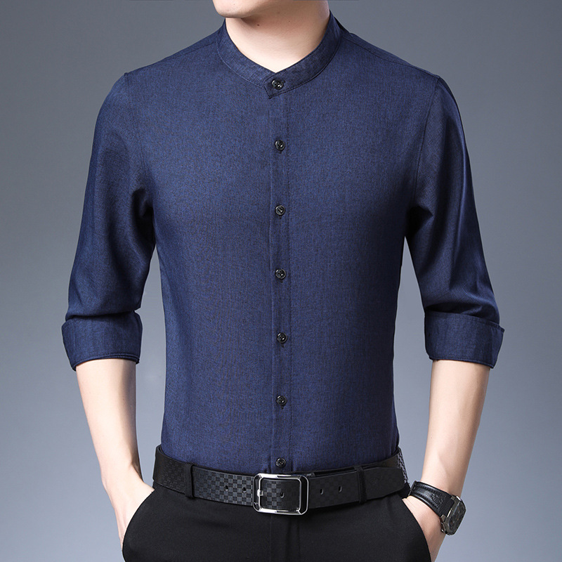 Spring autumn middle-aged men stand collar long sleeve shirt plain color loose thin ironing shirt men's casual dad