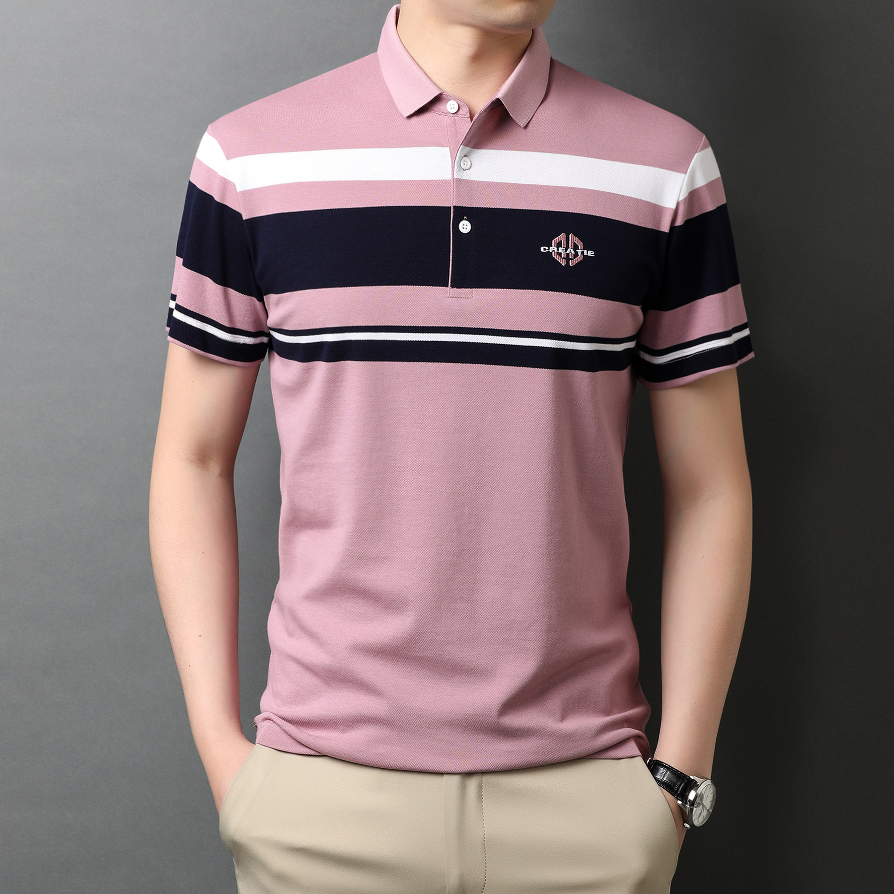 202 Summer men's short sleeve T-shirt new casual lapel Korean fashion stripe half sleeve shirt shirt for men's wear