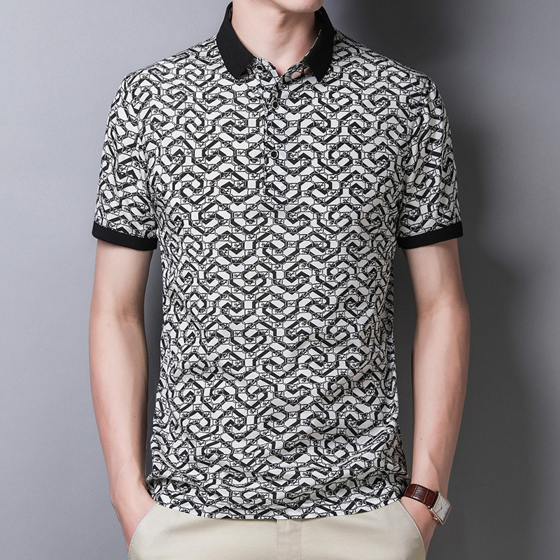 202 Summer new men's short sleeve T-shirt fashion middle-aged men leisure printed lapel T-shirt Korean version