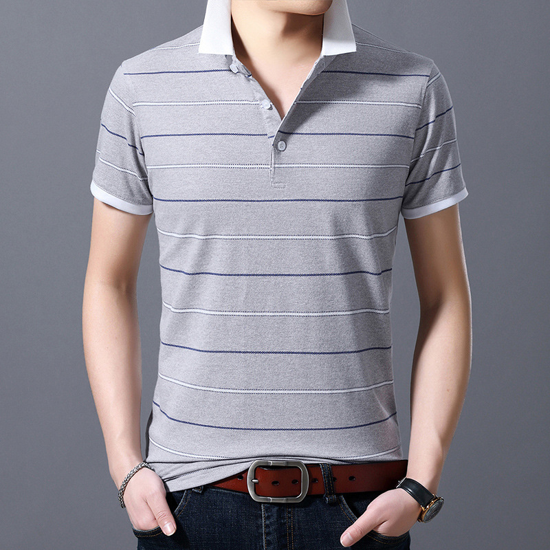 Summer lapel stripe short sleeve T shirt Middle-aged mercerized cotton men's half sleeve square collar PLO shirt dad casual jacket