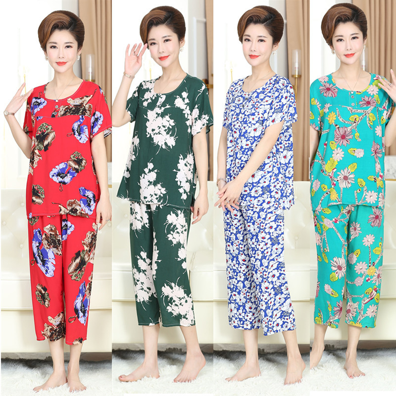 Cotton and silk pajama set for women, summer mom's home wear, short-sleeved, two-piece set of artificial cotton with fat and size added for middle-aged and elderly people