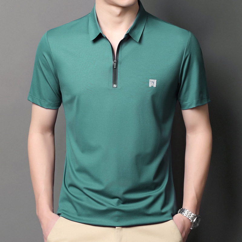 21T summer new short-sleeved T shirt men's summer dress solid color T-shirt young and middle-aged solid color light business lapel zipper