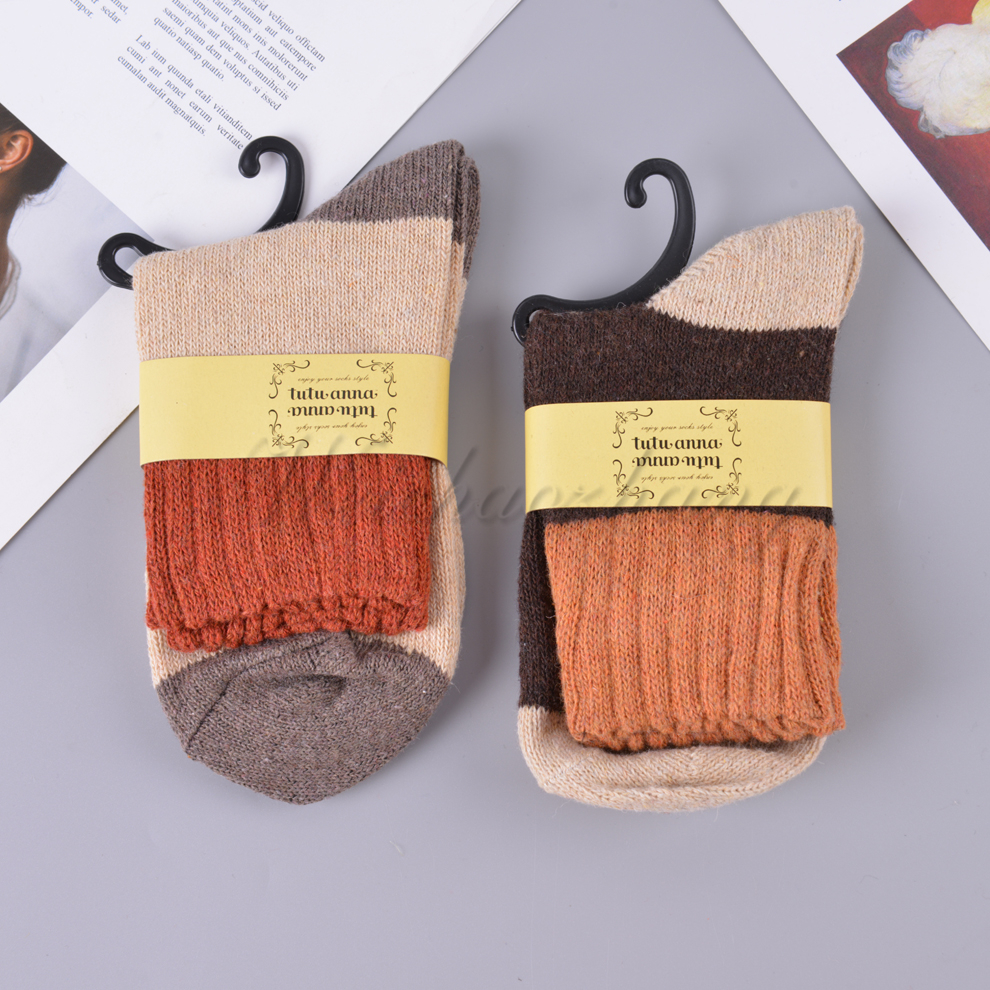 Wide-mouthed mixed-color women's striped rabbit wool mid-calf socks for warmth in cold winter, thickened striped loop warm socks details Picture