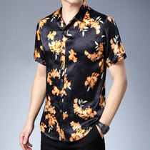 Summer silk short sleeve shirt for men's satin business fashion printed half sleeve lining