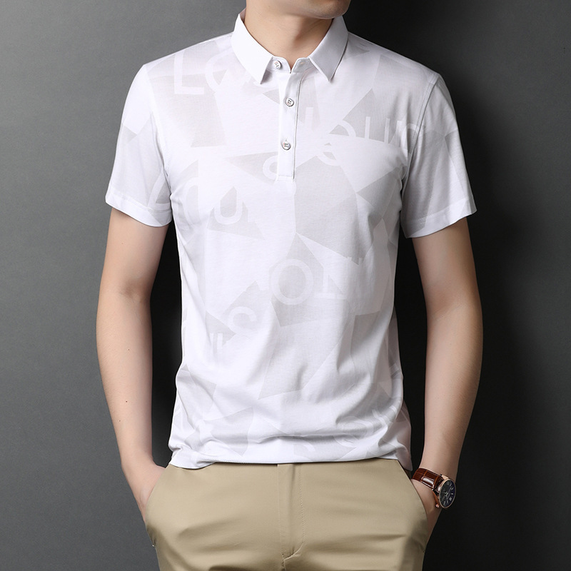 Middle age ice silk PLO shirt men's summer short sleeve men's lapel printed T-shirt leisure half sleeve bottom shirt men's thin