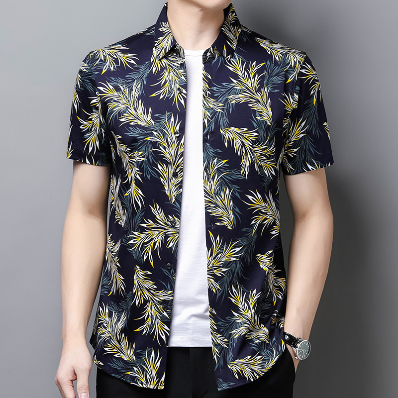 Men's summer new double mercerized cotton men's short sleeve shirt middle-aged slim men's floral shirt fashion floral shirt fashion
