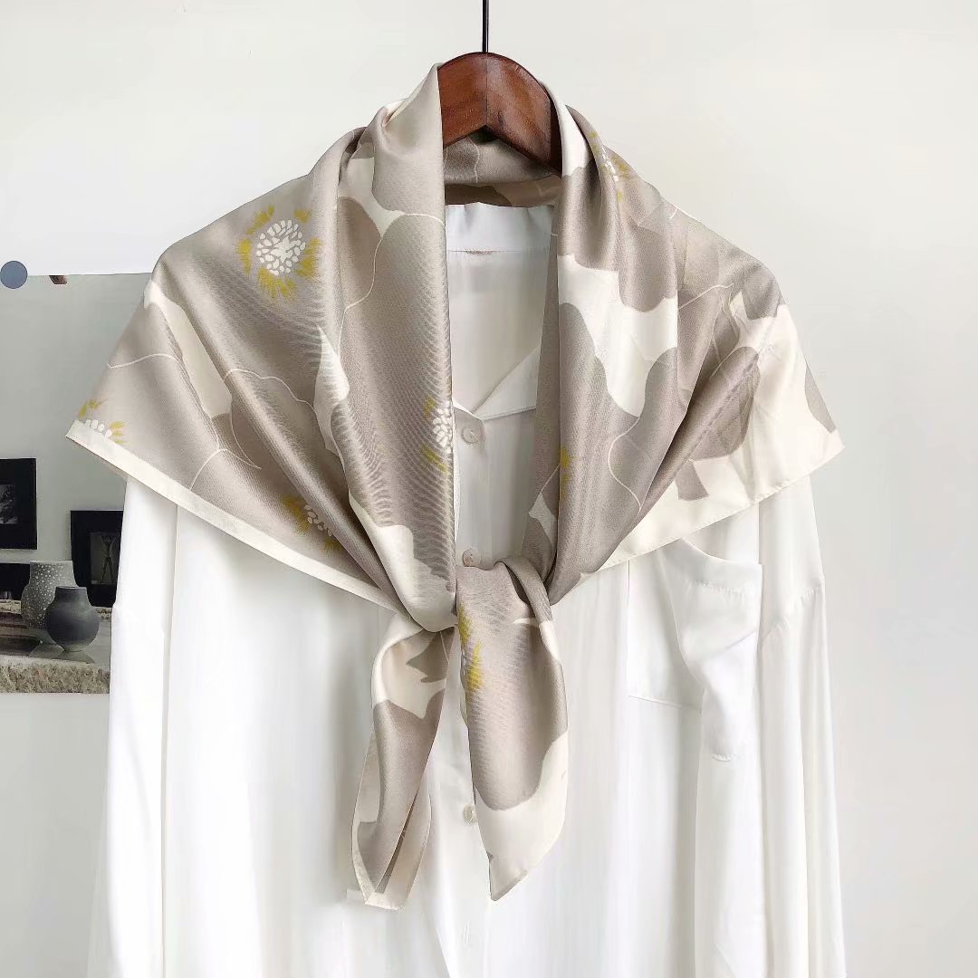 Twill silk 90*90 square scarf, silk hand feel silk scarf and scarf, elegant floral hair for all four seasons