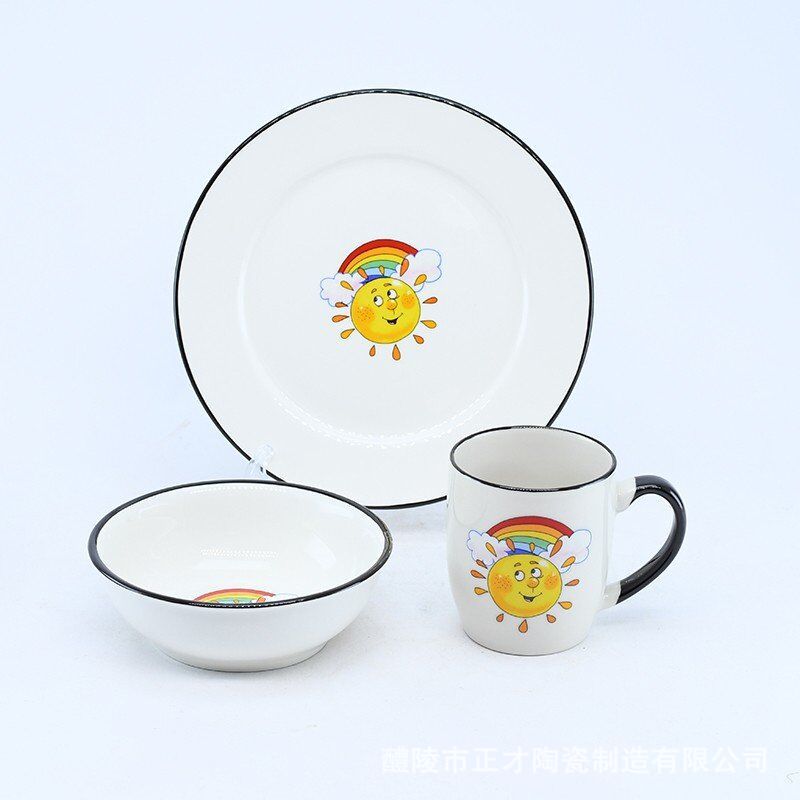 Wholesale white tableware cartoon three-piece sets of cups, bowls and plates in stock Specification image