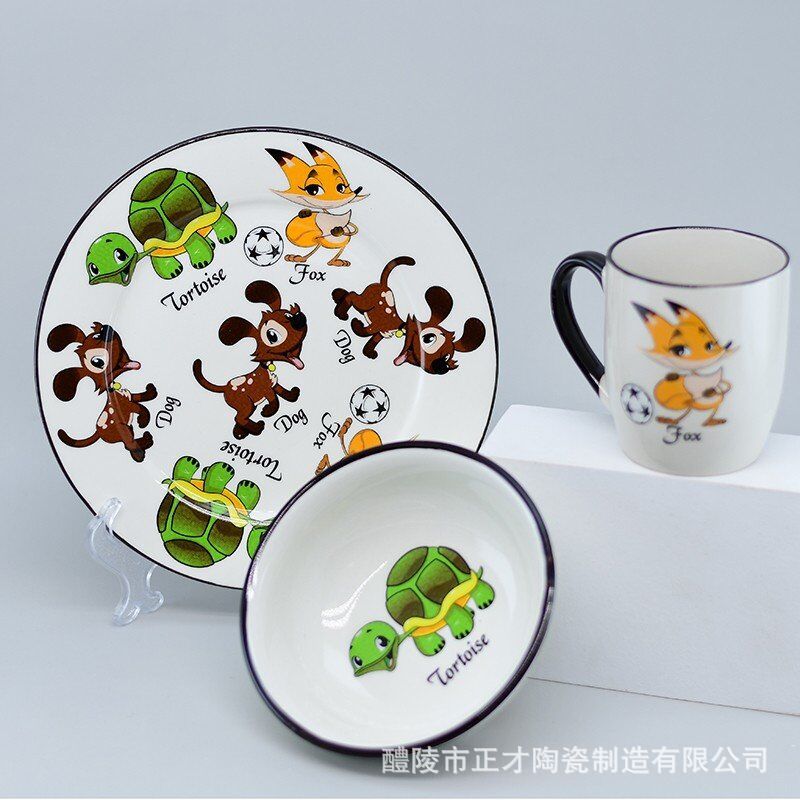 A set of three-piece ceramic cups, bowls and flat plates from the manufacturer, featuring cute cartoon animal tableware Specification image