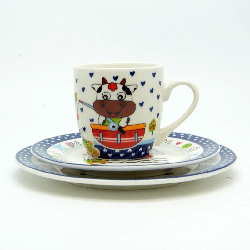 Ceramic three-piece children's set, cartoon cups, plates, morning tableware, cute ceramic tableware Specification image