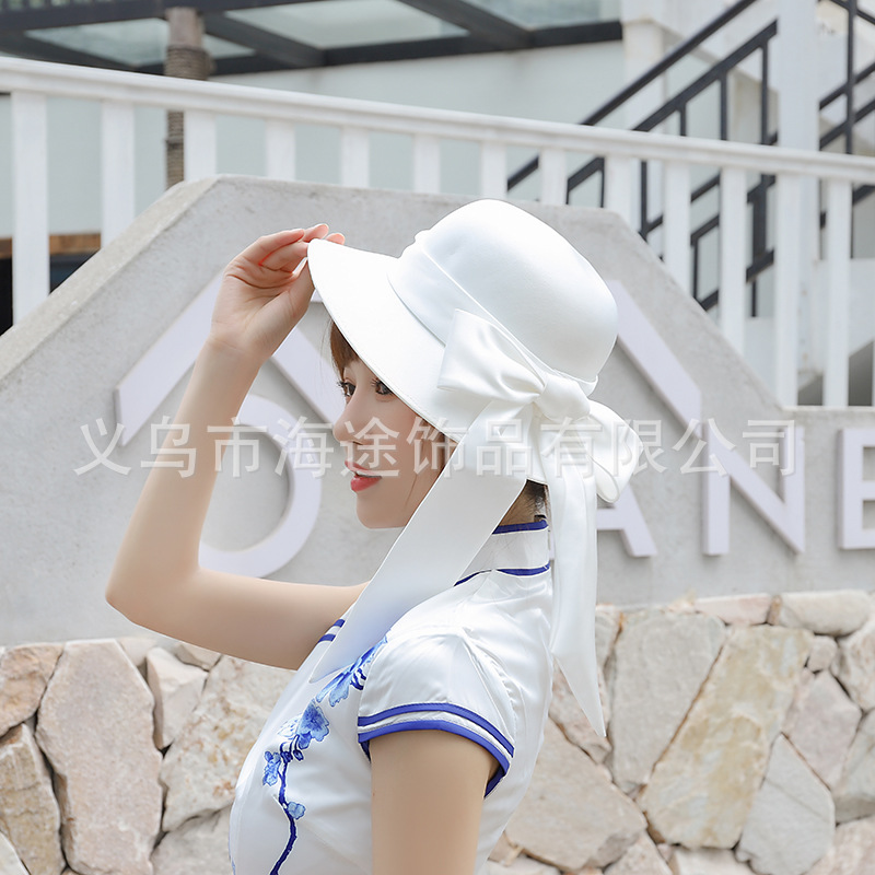 Lace and satin bow top hat pure color simple temperament sunblock visor party bridal top hat