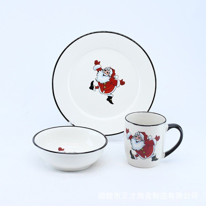 Wholesale white tableware cartoon three-piece sets of cups, bowls and plates in stock