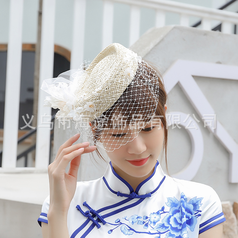 Republic of China wind lace gauze gauze mask straw hat evening party banquet ball photo net gauze hat custom wholesale