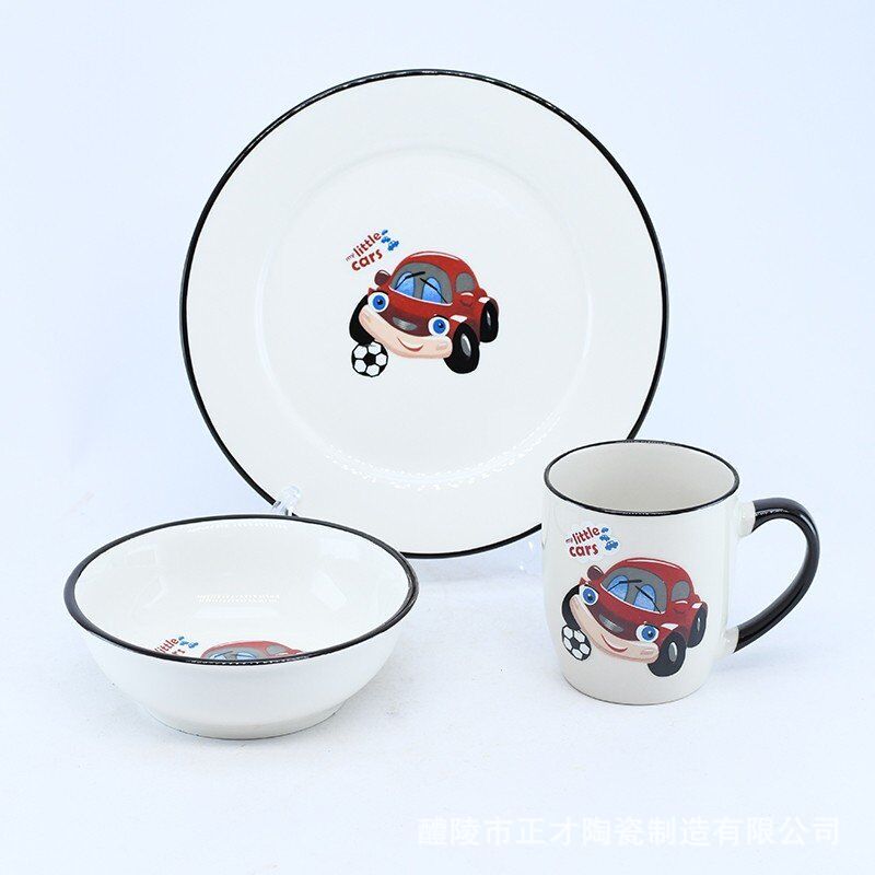 Wholesale white tableware cartoon three-piece sets of cups, bowls and plates in stock details Picture