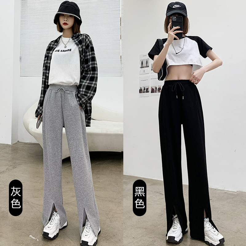 Black slit wide-leg pants for women, 2021 new style slimming casual pants, high-waisted loose straight leg with drape, versatile floor-length pants Item Picture